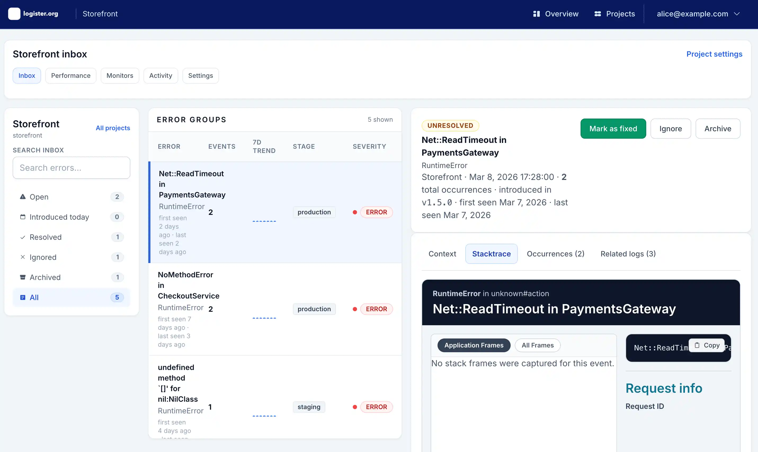 Logister project inbox and triage detail on desktop
