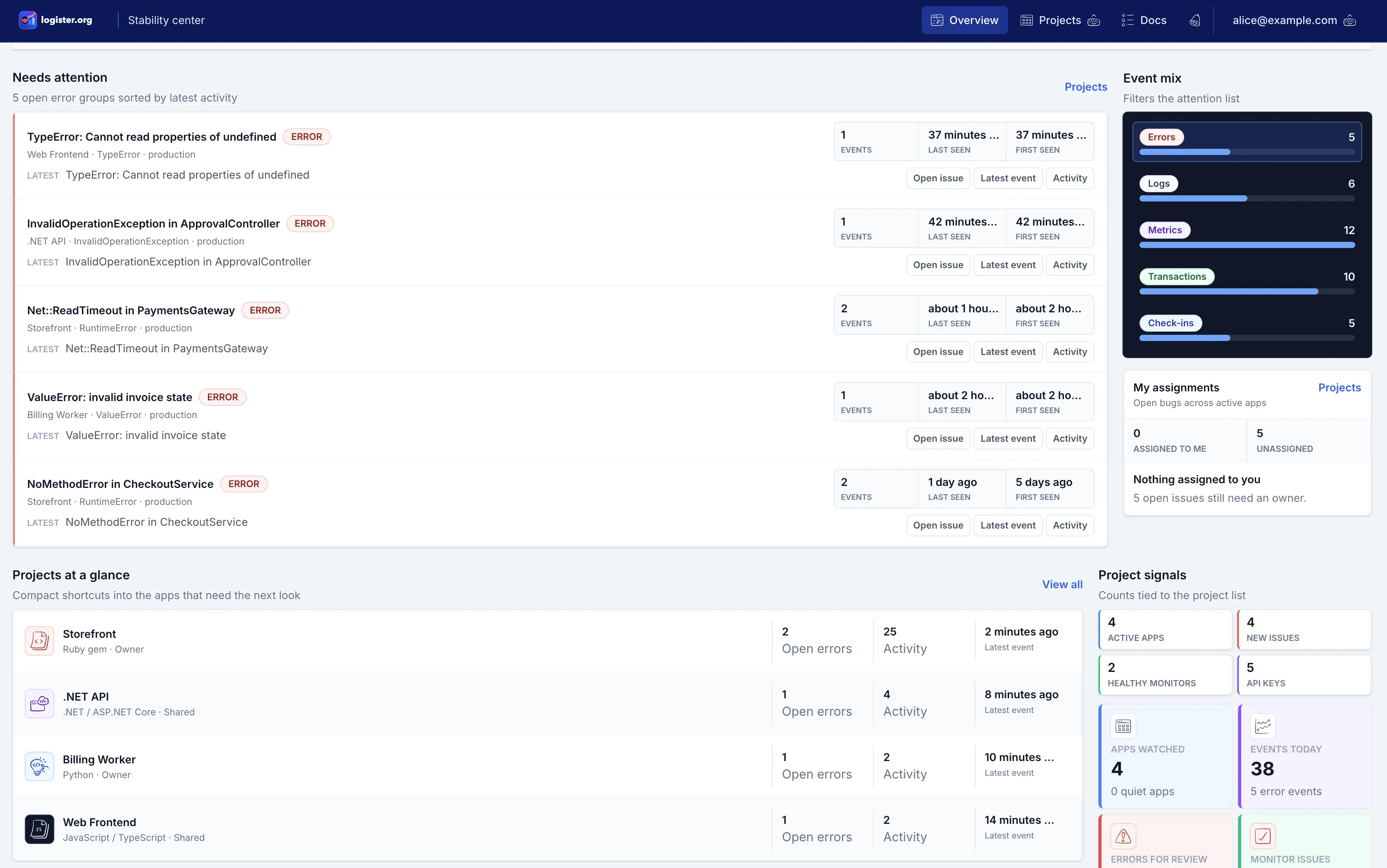 Logister stability dashboard screenshot