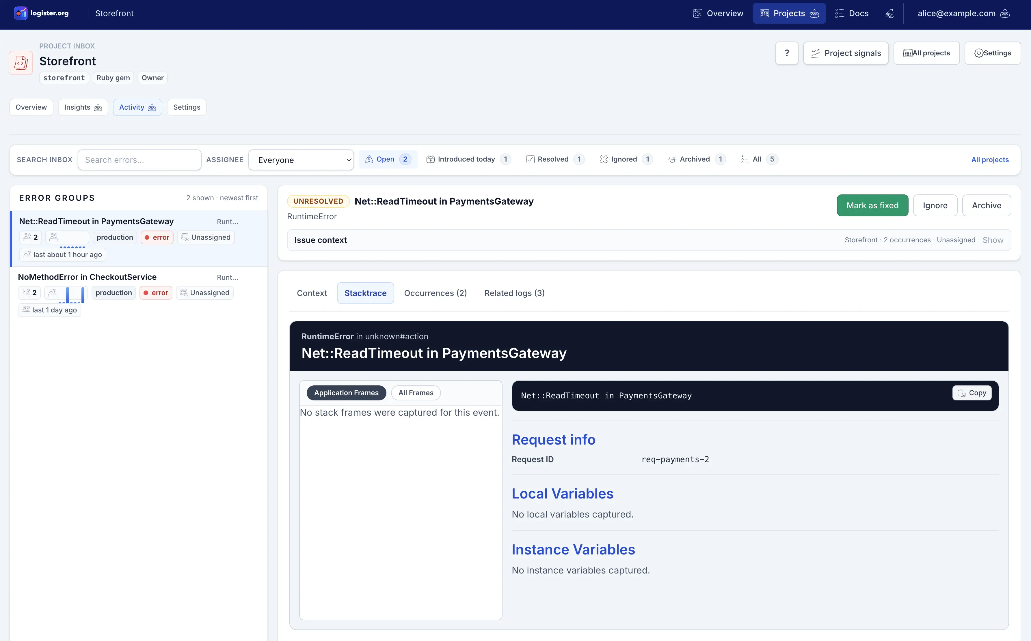 Logister inbox detail view screenshot