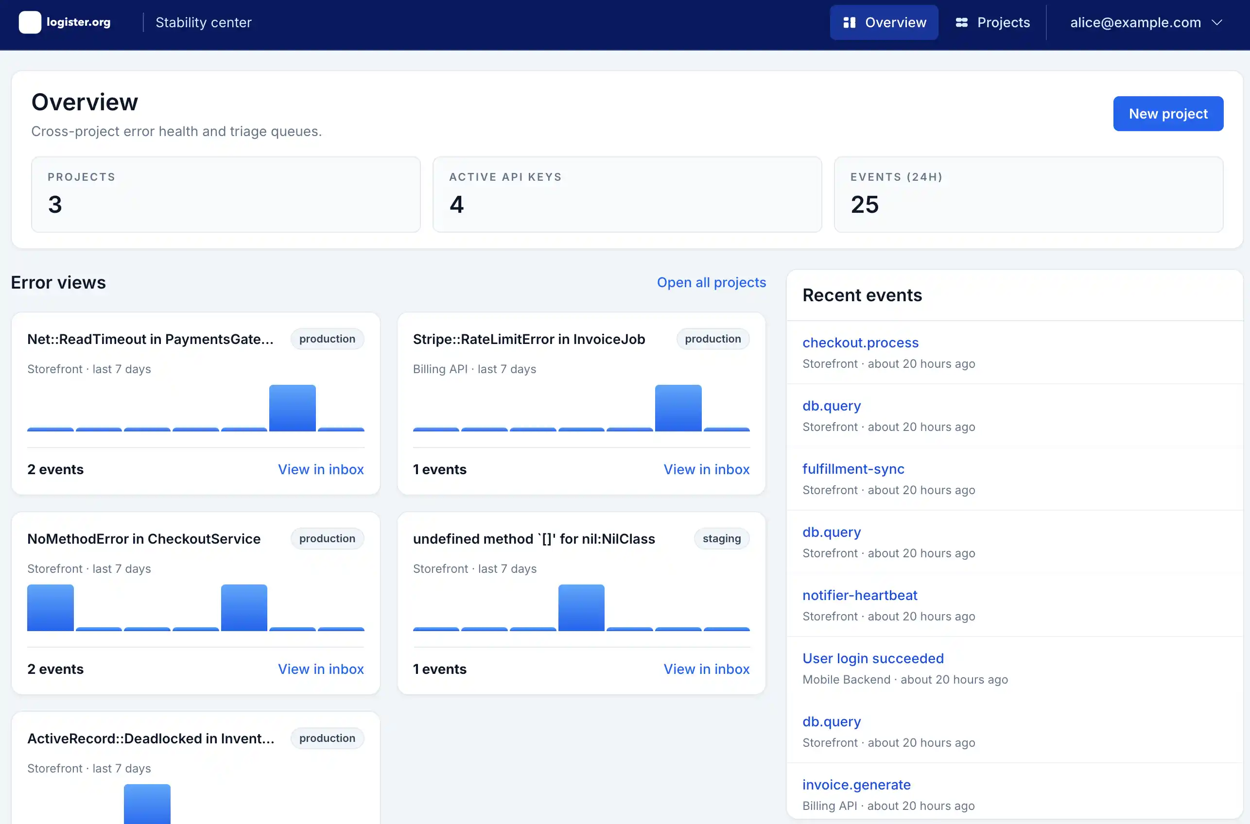 Logister overview dashboard on desktop