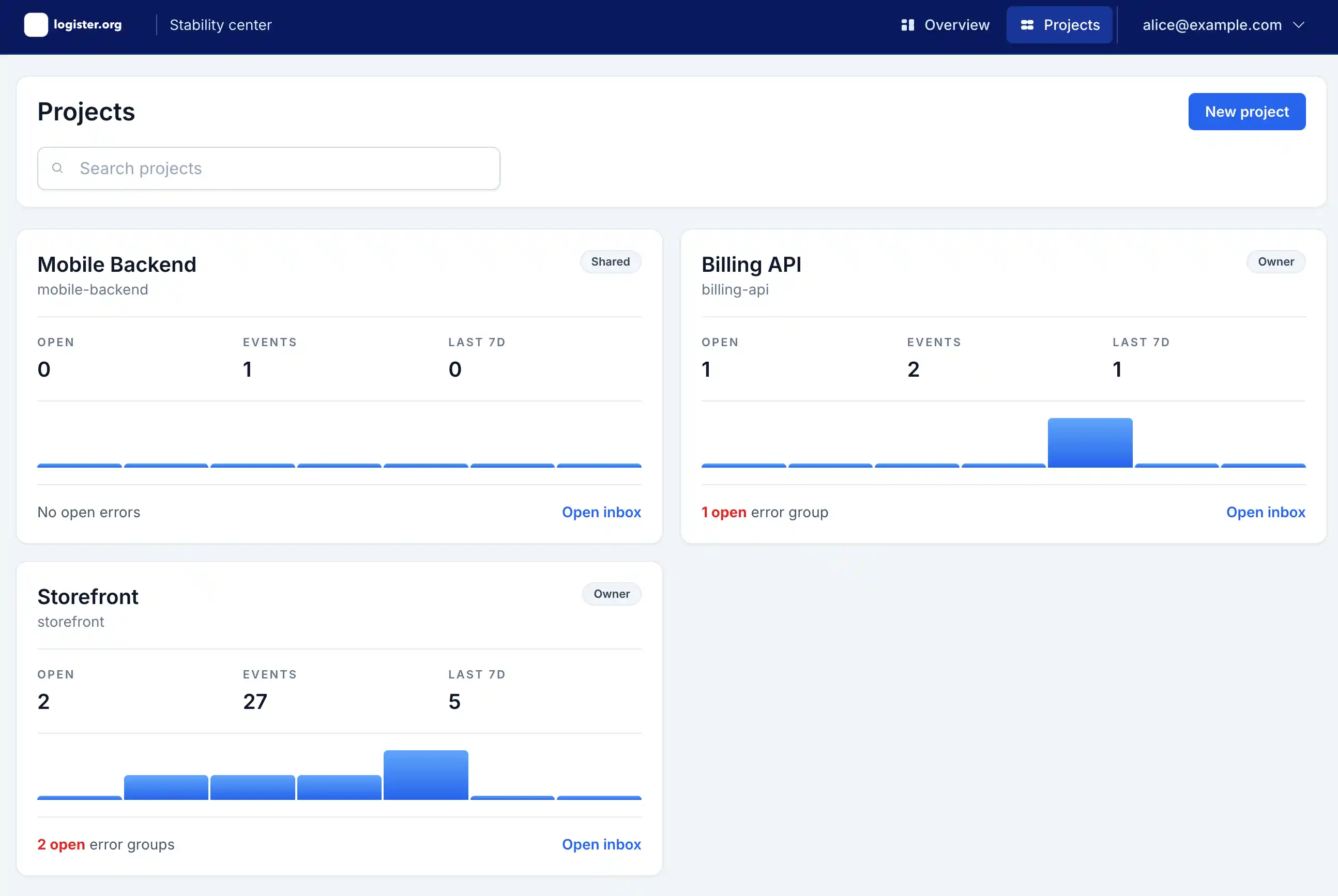 Logister projects index on desktop