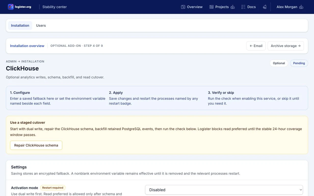 ClickHouse installation page showing the staged cutover warning, schema repair action, activation mode, and an active LOGISTER_CLICKHOUSE_MODE environment override.