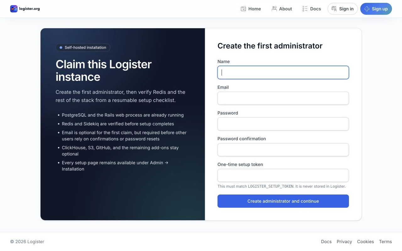 Fresh Logister setup screen with an explanation of required and optional services beside the form for the first administrator and one-time setup token.