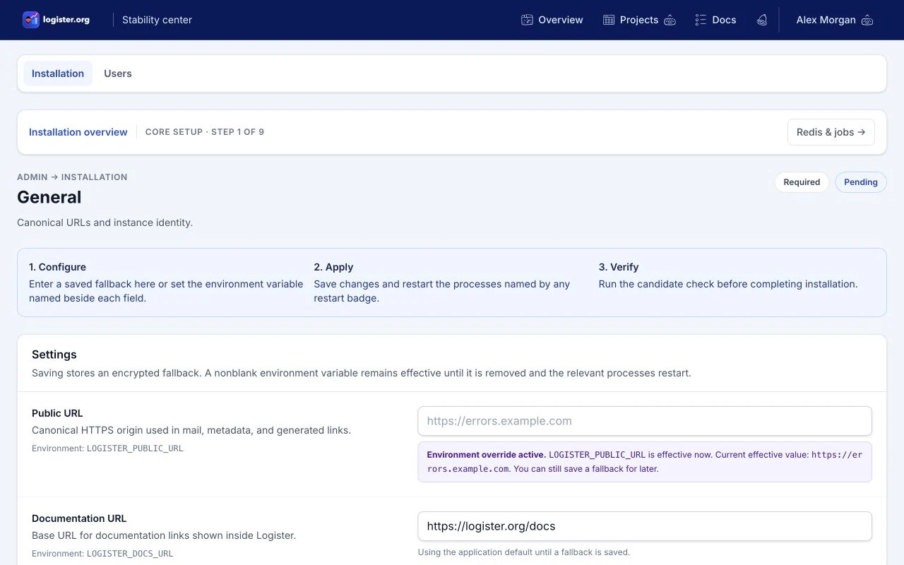 General installation settings showing LOGISTER_PUBLIC_URL as an active environment override, its visible effective non-secret value, and editable fallback fields for the documentation URL and sender.