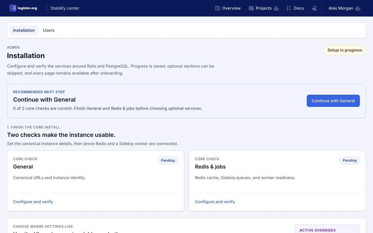 Logister Installation overview showing environment, saved fallback, and default precedence followed by required General and Redis steps and optional add-on cards.