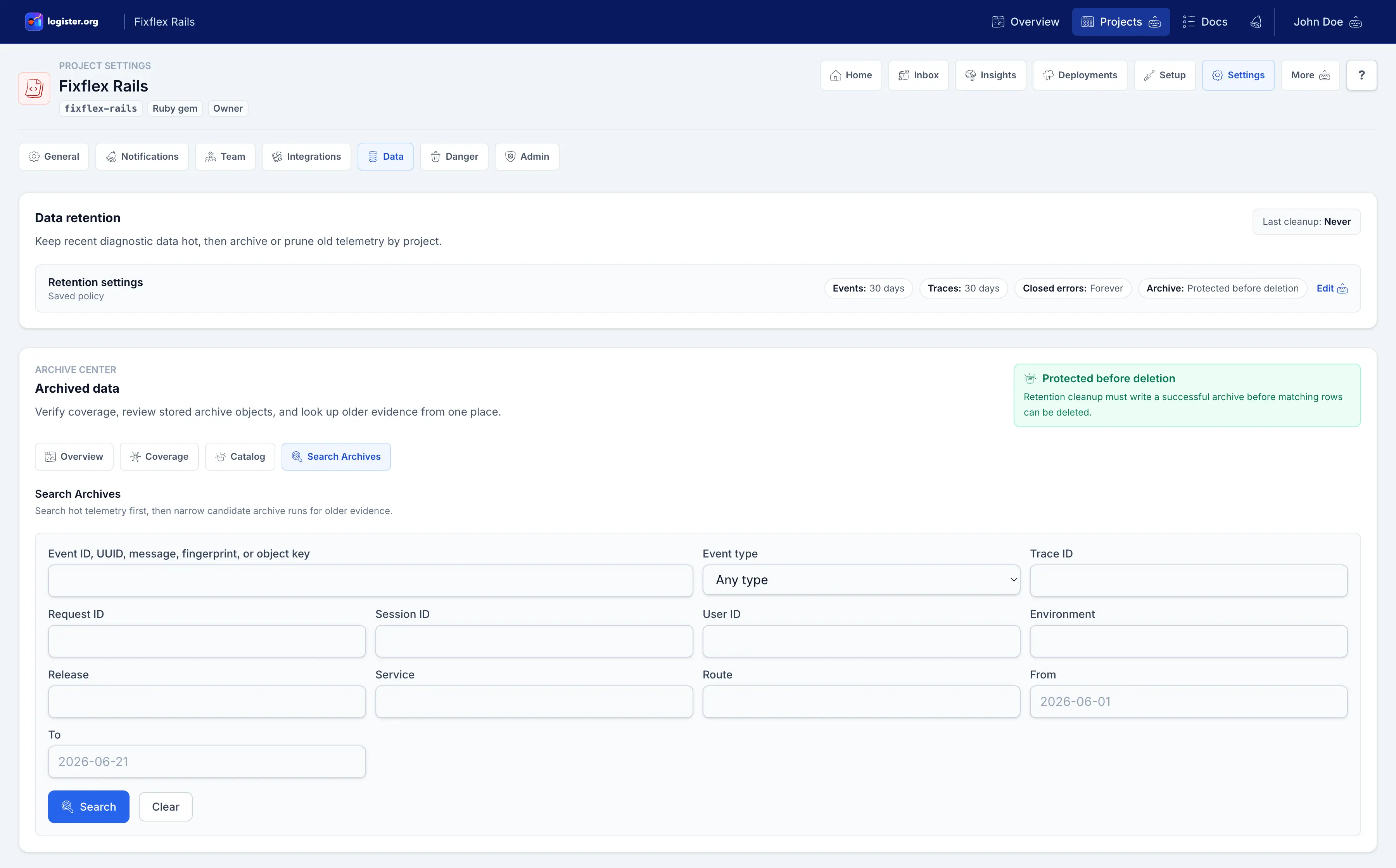Logister Search Archives path showing filters for event IDs, messages, trace IDs, request IDs, environment, release, service, route, and time range.