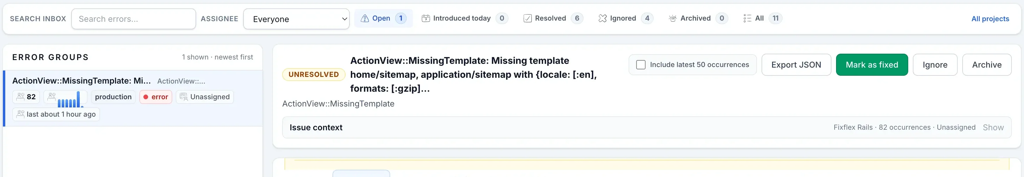 Logister project inbox search, assignee menu, status chips, selected error group, and issue action buttons.