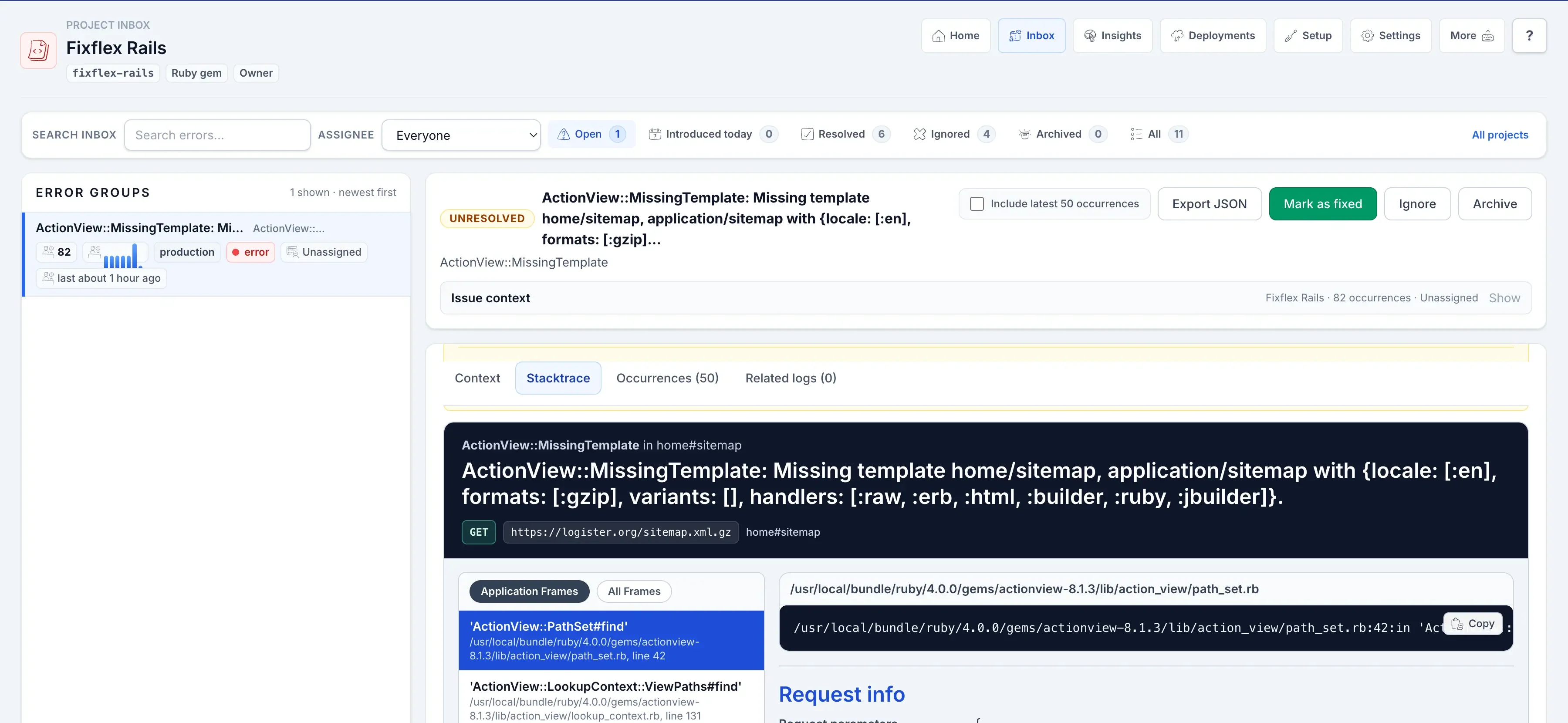Logister project inbox showing assignee filters, grouped error state, and stacktrace detail.