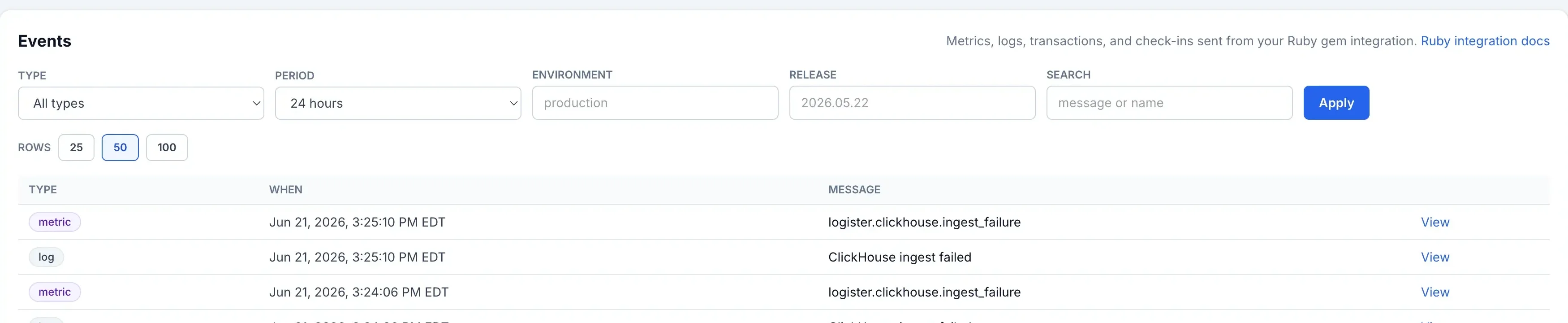 Logister Events page filters for type, period, environment, release, search, and row count.