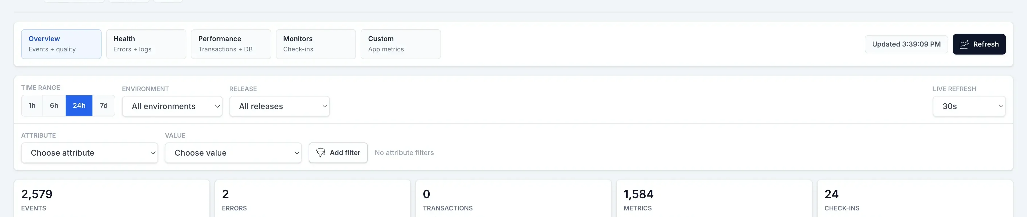 Logister project Insights controls showing lens buttons, time range, environment, release, attribute filters, and summary counts.