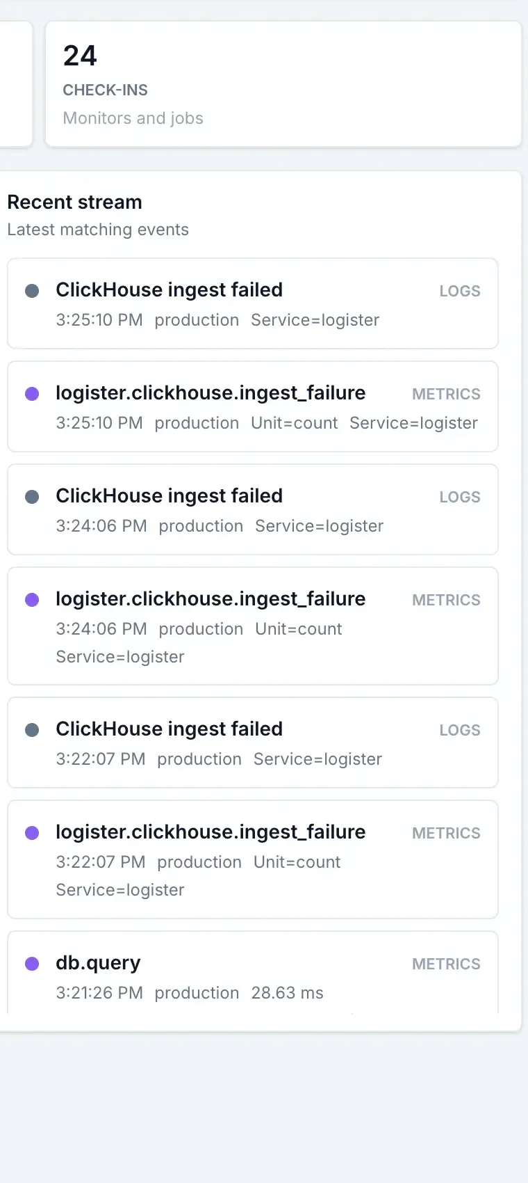 Logister Insights recent stream showing matching logs and metric events.