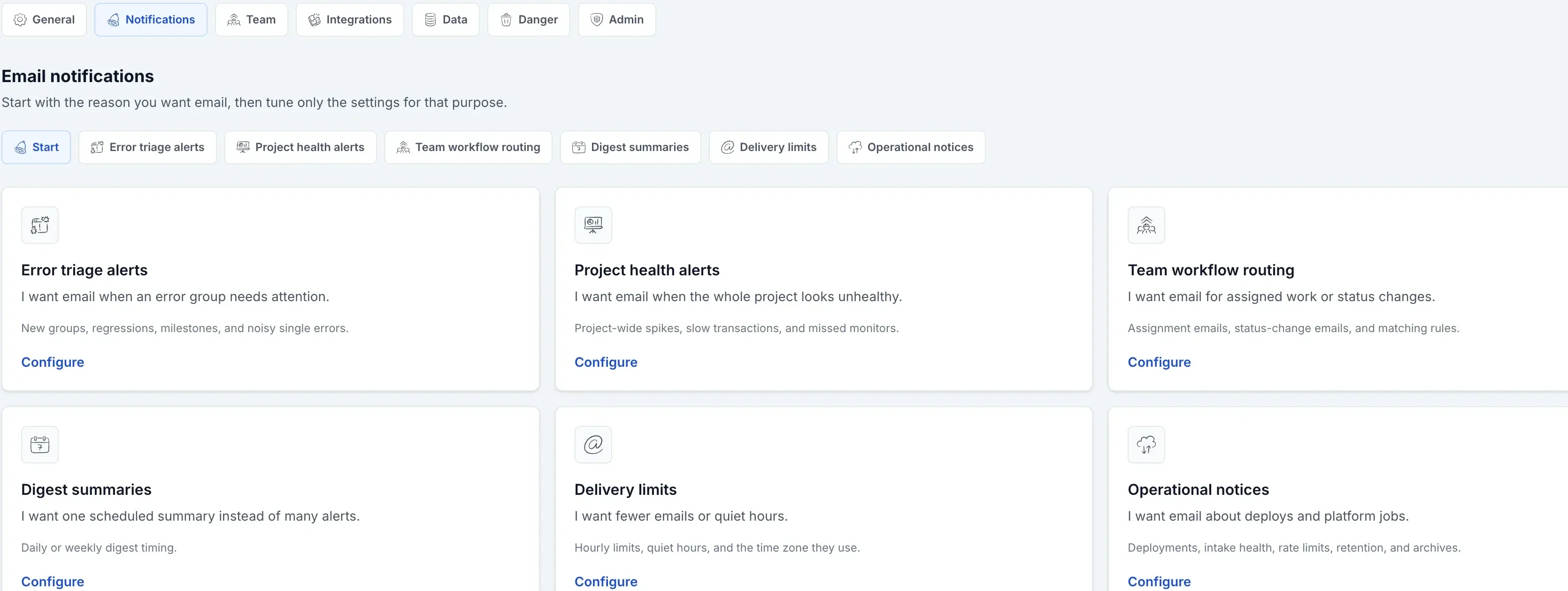 Logister notification settings cards for error triage, project health, team workflow, digests, delivery limits, and operational notices.