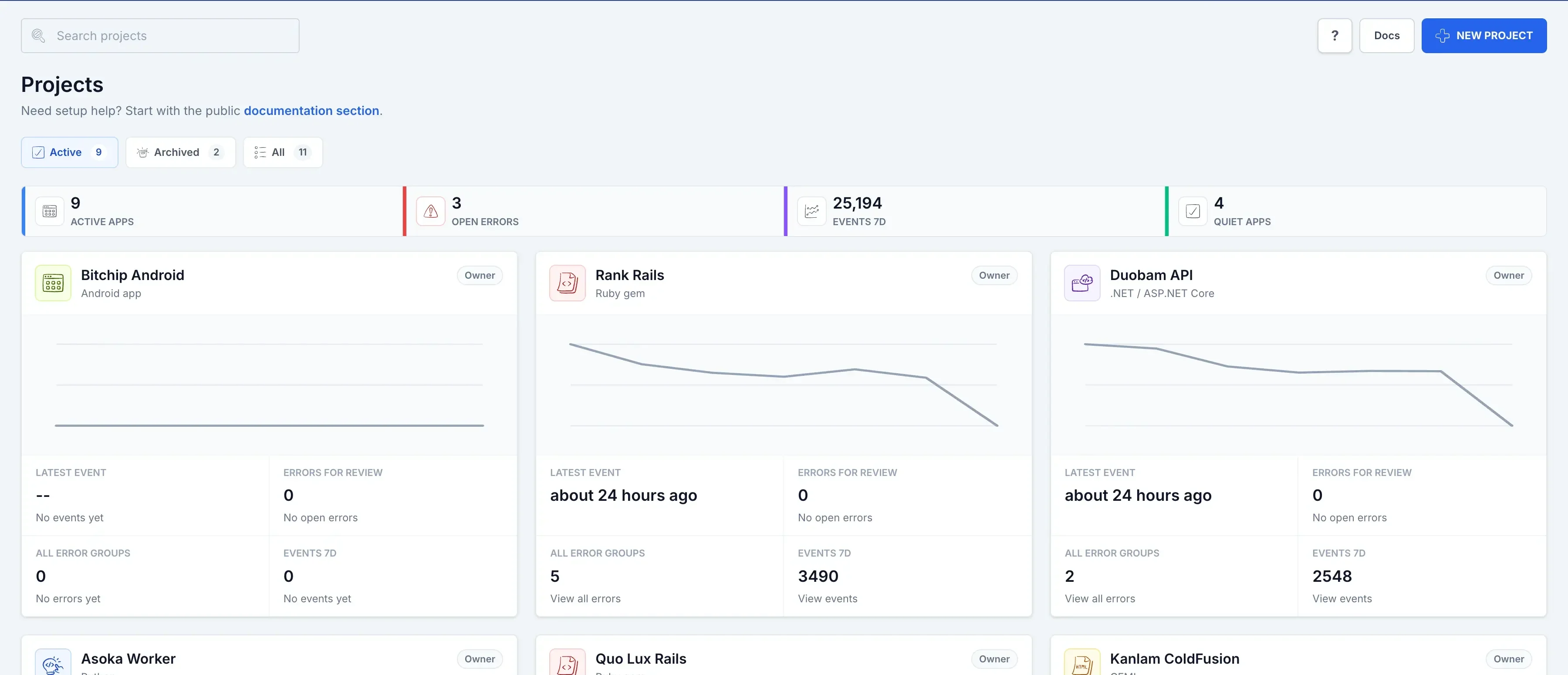 Logister projects dashboard showing filters, project totals, and the first project cards.